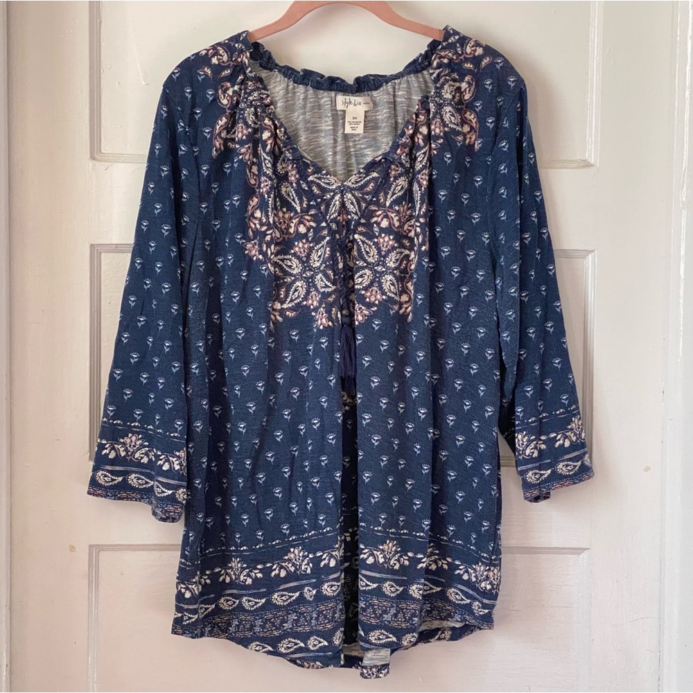 Style & Co. Bohemian Blue Top With Tassels Size 3X